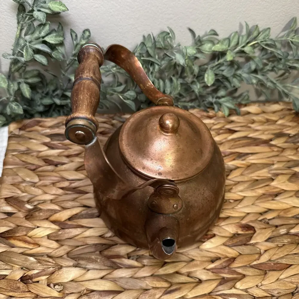 B&M Portugal Copper Tea Kettle Wood Handle Lidded Tin Lined 7” Farmhouse Vtg